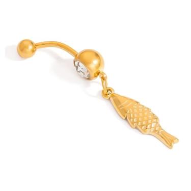 Imagem de Cykdohy Anel de umbigo com pingente de peixe 14G para mulheres, aço inoxidável, strass, banhado a ouro 18k, anéis de umbigo, barra curvada, barra simples, sexy, piercing corporal, oceano, verão, praia