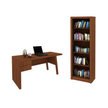 Imagem de Escritório com Mesa para Computador 2 Gavetas Com Armário Prateleiras Portas Amendoa - FdECOR