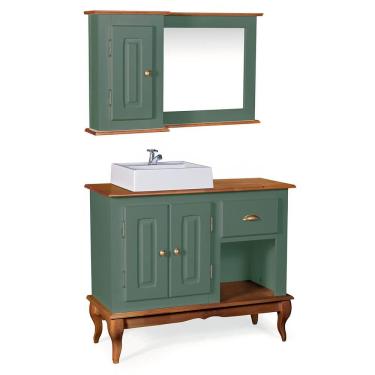 Imagem de Gabinete para Banheiro 2 Portas com Cuba e Espelheira Dália 3058 - Verde Musgo/Imbuia Glazer
