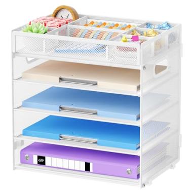Imagem de Marbrasse Organizador de papel de 5 camadas com alça, organizador de arquivos de malha multifuncional para mesa, compartimentos ajustáveis, armazenamento de mesa de malha para material de escritório
