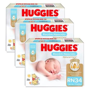 Imagem de Kit 3 Fraldas Huggies Natural Care Rn Mega - 102 Tiras