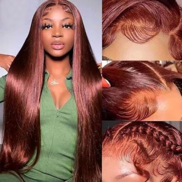 Imagem de Perucas de cabelo humano marrom avermelhado com tela frontal 33 x 15 de densidade 180% de densidade 33# perucas frontais de renda de cabelo humano pré-arrancadas sem cola cabelo humano para mulheres