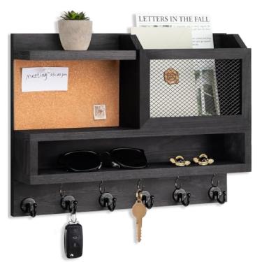 Imagem de FIPUTE Porta-chaves e correio para decoração de parede, correio e organizador de chaves com cesta e quadro de cortiça, decoração de casa montado na parede para entrada de quarto (C) (preto)