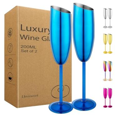 Imagem de UNISWEET Conjunto de 2 taças de champanhe, taças de champanhe de aço inoxidável para casamento e festa de aniversário, taça de champanhe inquebrável de boca inclinada de 200 ml com haste longa