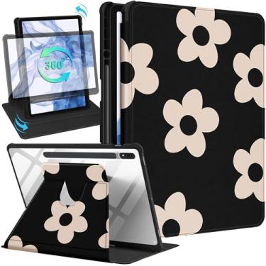 Imagem de Wazzasoft Capa para Samsung Galaxy Tab S7/S7 Plus/S8 Plus – Capa fólio de 12,4 polegadas com suporte para lápis – Design exclusivo de flor preta para mulheres/meninas – Capa giratória para tablet