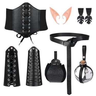 Imagem de Conjunto de fantasia de fantasia medieval (7 peças) - bracelete de couro, orelhas de elfo, cinto de cavaleiro e mais para cosplay/festas renascentistas, Preto, One size fits all