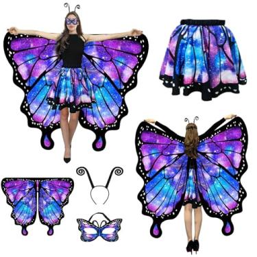 Imagem de Ziwijity Fantasias de asas de borboleta para mulheres, capa de borboleta de Halloween com saia para adultos, conjunto de festa de fantasia de fada, Azul-celeste, Tamanho Único