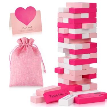 Imagem de Pink Tower Game for Adults - 54pcs Wood Block Set with 6pcs DIY for Romantic Date Night Ideas and Couples Challenges - Perfect Valentine's Day Gift for Her