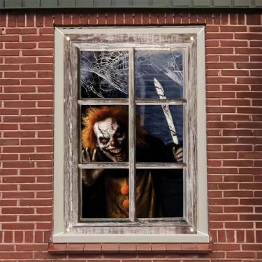 Imagem de Saoplasa Pôster de palhaço sangrento assustador com faca assustadora de 118 x 78 cm, adesivo de janela de terror, decoração de casa assombrada, decalque de palhaço assustador com design de teia de