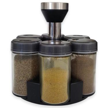 Imagem de Porta Condimentos Giratório Inox com 6 Potes Vidro Organizador Tempero