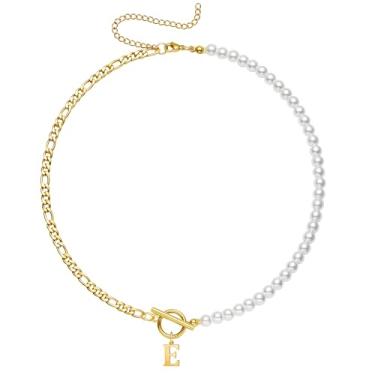 Imagem de Yanxyad Colar feminino com inicial de pérola, ouro 18K, aço inoxidável, letra A-Z, corrente fígaro, 40,6 cm + 7,6 cm, joia de presente para ela, Medium, Aço inoxidável, Sem Pedra Preciosa