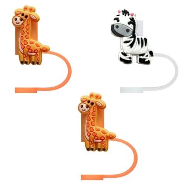 Imagem de STRACOUPI Tampa de palha de silicone girafa e zebra para copos Stanley, acessório decorativo reutilizável, pacote com 3