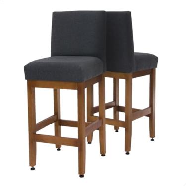 Imagem de Kit 2 Banqueta Para Cozinha De Madeira Maciça Eucalipto Baixa Estofada Tecido Linho Para Bancada Montável Jade (Linho Grafite)