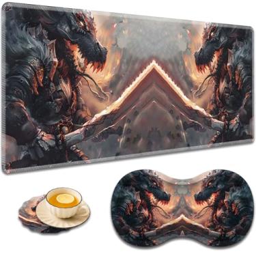 Imagem de Mouse pad grande para jogos + suporte de pulso + porta-copos de café, almofada de mesa com bordas costuradas, conjunto antiderrapante adequado para trabalho de escritório e casa - Draco Warrior