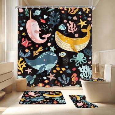 Imagem de LGhtyro Conjunto de cortina de chuveiro infantil baleia preta 188 cm L x 188 cm A centímetros oceano desenho animado peixe subaquático vida marinha com tapetes, tampa de vaso sanitário e tapete de