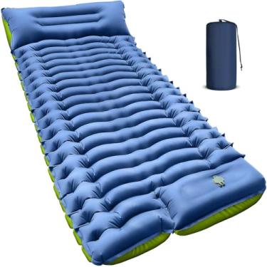 Imagem de Yuzonc Almofada de dormir para acampamento, tapete de dormir inflável ultraleve com bomba de pé e travesseiro embutidos, colchão de ar compacto para acampamento, mochilão, caminhada, barraca - azul