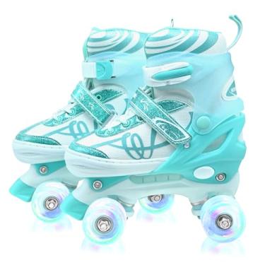 Imagem de Patins para crianças, patins quadriciclos ajustáveis para meninas e meninos de 8 a 12 anos com rodas iluminadas, patins para iniciantes verdes tamanho 1, 2, 3, 4, para ambientes internos e externos