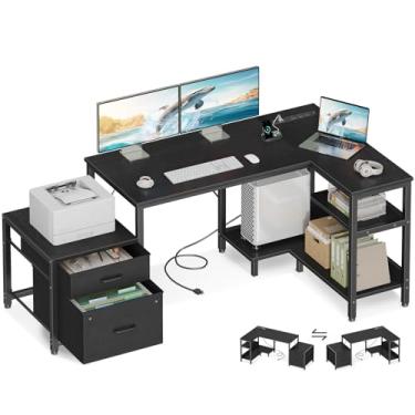 Imagem de Casaottima Mesa em forma de L com gavetas e armário de arquivos, mesa de computador com prateleiras de armazenamento e suporte de CPU, mesa de canto com tomadas, mesa em L reversível para jogos