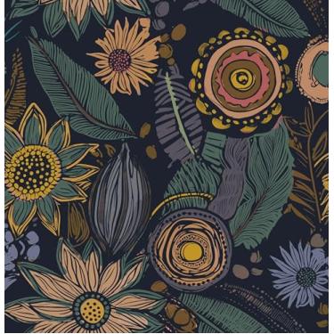 Imagem de Papel de parede Boho Peel and Stick, azul escuro, vintage, floral, papel de parede, flores botânicas, retrô, autoadesivo, removível, à prova d'água, para prateleiras de banheiro, armário, mesa, 44,5 x