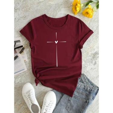 Imagem de Camiseta Feminina Cruz Coração Evangelica Gospel 100% Algodão Premium 