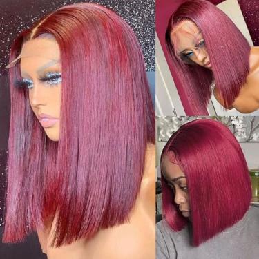 Imagem de Cabelo humano 99J Liso Bob Perucas Pré-colhidas com Cabelo de Bebê Sem Cola Cabelo Humano Virgem Macio 30,48 cm Densidade 150% 33x4 Peruca Lace Frontal, nós descoloridos para Mulheres Negras