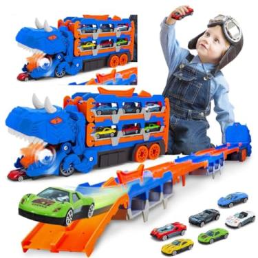 Imagem de Caminhão Dinossauro Engole Carrinho Transportador com 6 Carrinhos Brinquedo Interativo e Educativo Infantil para Meninos(AZUL)