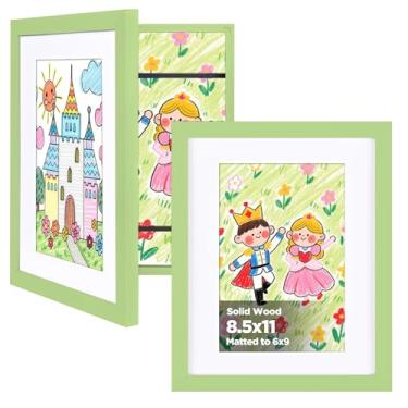 Imagem de KINLINK Conjunto de 2 molduras de arte infantis de madeira maciça, com abertura frontal de acrílico, comporta 150 imagens, moldura de arte para crianças, com tapete ou sem tapete, verde claro