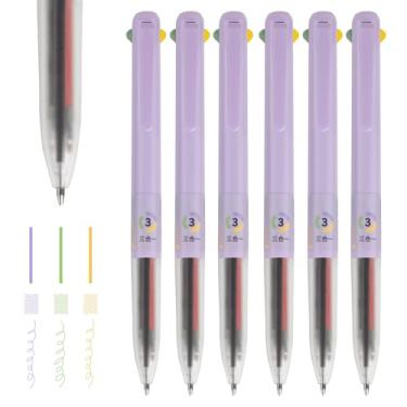 Imagem de Canetas de gel 3 em 1, 6 peças de canetas retráteis de tinta colorida de 0,5 mm, canetas de escrita lisas de ponta fina, material escolar de escritório, presentes para mulheres (roxo taro, verde folha