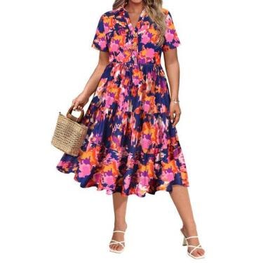 Imagem de Vestido CARCOS Plus Size azul rosa floral para mulheres 4X 24W 26W