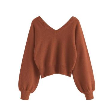 Imagem de Suéter feminino ZAFUL cortado com decote em V, manga comprida, vermelh