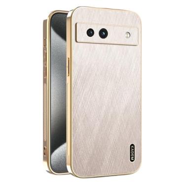 Imagem de Yarxiawin Capa de telefone para Google Pixel 7A à prova de choque, textura de fio dourado para Google Pixel 7A, capa de silicone fina galvanizada preta de couro anti-impressão digital (dourada)