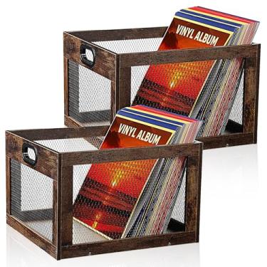 Imagem de Yalikop Caixa de armazenamento de discos de vinil, 2 peças, suporte de álbum de madeira, organizador de vinil, prateleira de cubo vintage, mais de 100 caixas de armazenamento para álbum de LP e