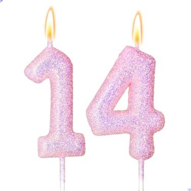 Imagem de 14 velas decorações de aniversário de 14 anos para meninas, rosa 14 velas para bolo de aniversário, 14 enfeites de bolo para meninas de 14 anos, decorações de festa de aniversário, lembrancinhas de