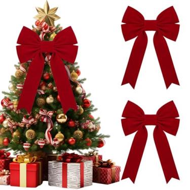 Imagem de 2 peças de veludo vermelho grande e laço de árvore de Natal de feltro, enfeite decorativo festivo para embrulhar topo de árvore, guirlanda, manto, porta da frente, janela, férias, decoração interna ao
