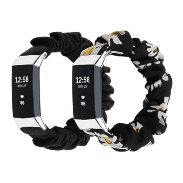 Imagem de Pulseira elástica para relógio Fitbit Charge 2 Scrunchie para mulheres, grande, pequena, elástica, de tecido fofo, ajustável (preta/crisântemo, pequena)