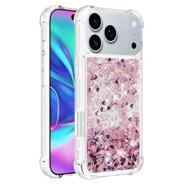 Imagem de Capa de telefone à prova de choque para iPhone 17 Pro Max com glitter líquido de areia movediça e corações flutuantes, capa de TPU de camada dupla reforçada com 4 cantos, protetor de telefone seguro