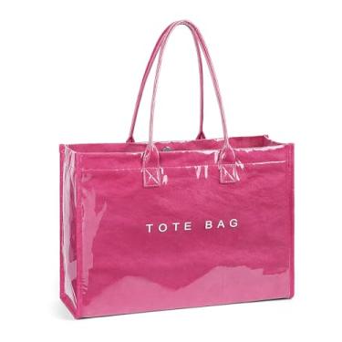 Imagem de Lushandy Bolsa de PVC para mulheres, bolsa grande de plástico para trabalho, papel kraft, impressão de letras, bolsa de ombro para carregar todas as bolsas Hobo, Rosa choque, One Size