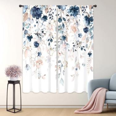 Imagem de Riyidecor Cortinas florais azul marinho curto primavera rosa flores silvestres botânicas plantas ervas naturais bolso de haste para mulheres mulheres meninas quarto sala de estar tratamento tecido 2