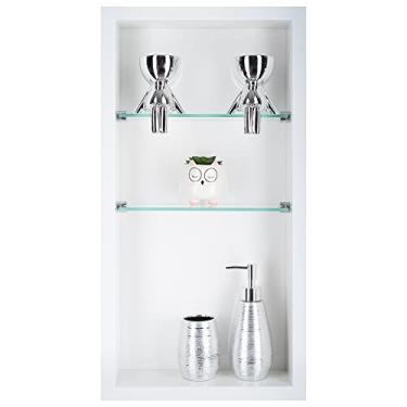 Imagem de Nicho Vertical em Porcelanato Polido (Branco) - 2 Prateleiras de Vidro, Borda em Alumínio, 60x30x11 cm, Para Banheiro, Organizador de Produtos de Higiene