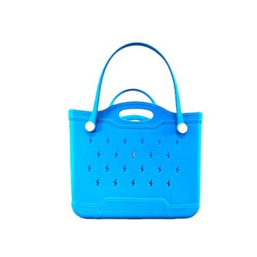 Imagem de Bolsa de praia com estampa de relâmpago, azul brilhante, silicone, grande, impermeável, alça dupla, bolsa de piscina de verão, Azul, Large, Bolsa de praia