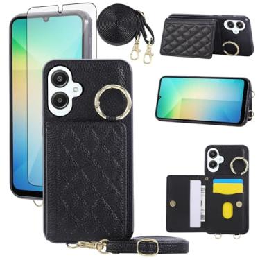 Imagem de Asuwish Capa para celular Samsung Galaxy A06 5G capa carteira e protetor de tela de vidro temperado alça de ombro transversal alça de ombro anel fivela suporte suporte cartão celular para Ao6 A 06 4G