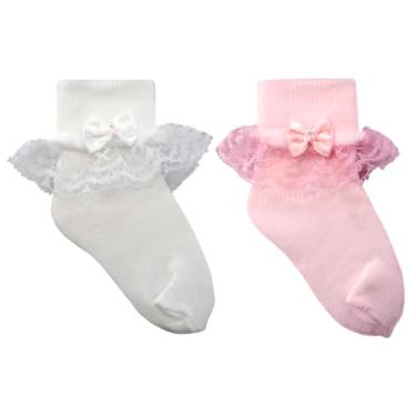 Imagem de Meia Soquete Infantil com Renda e Laço para Batizado e Festas Kit com 2 Pares Poliamida (Branco e Rosa, M)