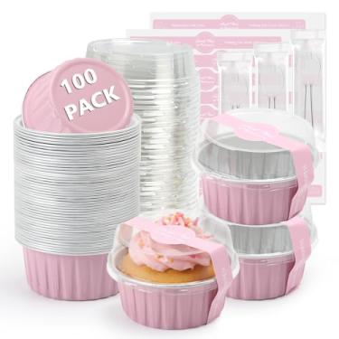 Imagem de Ruckae 100 peças de mini formas redondas para assar com tampas, mini formas de bolo com tampas, copos descartáveis de ramequins de alumínio para festa de aniversário, casamentos (rosa, 142 g)