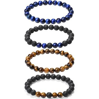 Imagem de XIANNVXI Conjunto de pulseiras masculinas com contas de pedra natural de 3/4 peças, 8 mm, olho de tigre, pedra vulcânica, obsidiana, cristal preto, contas elásticas para homens e mulheres, joias