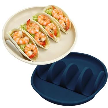 Imagem de Conjunto de 2 suportes de silicone para taco 021 FIDBAY, pratos reutilizáveis com 4 divisórias para taco rígido e macio, seguro para lava-louças, micro-ondas, suporte de tortilha para servir em festas