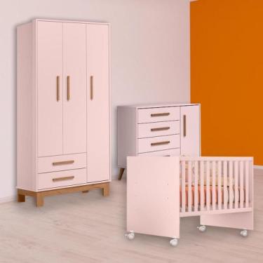Imagem de Berço Reto, Cômoda Sapateira Retrô e Guarda Roupa Slim Rosa - Qmovi