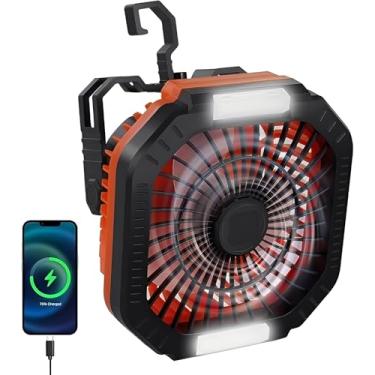 Imagem de DUKUSEEK Ventilador de acampamento com lanterna LED, ventilador operado por bateria de 40H com gancho para barraca, ventilador de teto portátil com controle remoto para interrupções de trailer, mesa