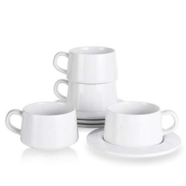 Imagem de Kanwone Copos de cappuccino empilháveis de porcelana com pires - 227 g para bebidas especiais de café, cappuccino, latte, americano e chá - Conjunto de 4, branco