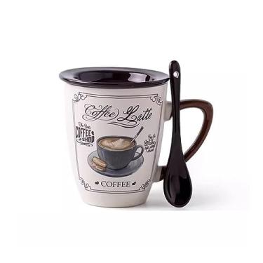 Imagem de hezhuhe2258 Caneca Europeia Luxuosa Café Cappuccino Latte Caneca Vintage Cerâmica Com Tampa Colher Caneca de Café (C)