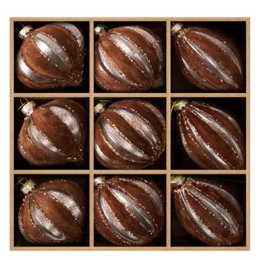 Imagem de DN DECONATION Enfeites de bola de Natal, enfeite de veludo flocado com tamanhos e designs variados, decoração de vidro fosco marrom para árvore de Natal, guirlanda e festa vintage em casa (9 peças)